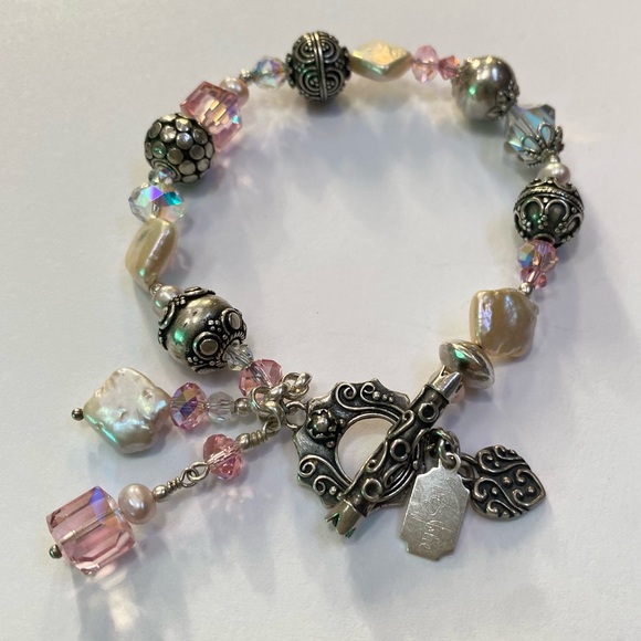 Tres Jolie Pale Pink Crystal Pearl Sterling Silver Bali Beads Toggle Bracelet - Picture 5 of 12